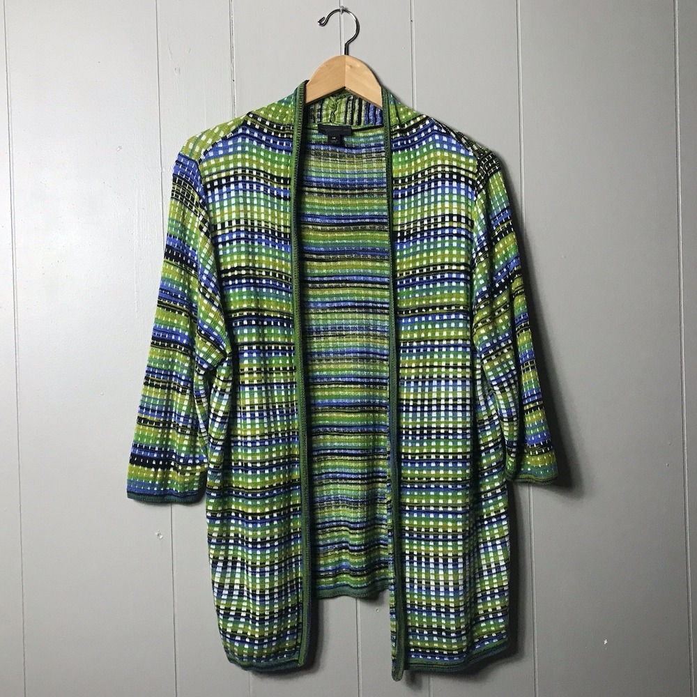 WORTHINGTON GREEN BLUE CHECK OPEN FRONT CARDIGAN COTTON RAYON KNIT WOMENS 1X